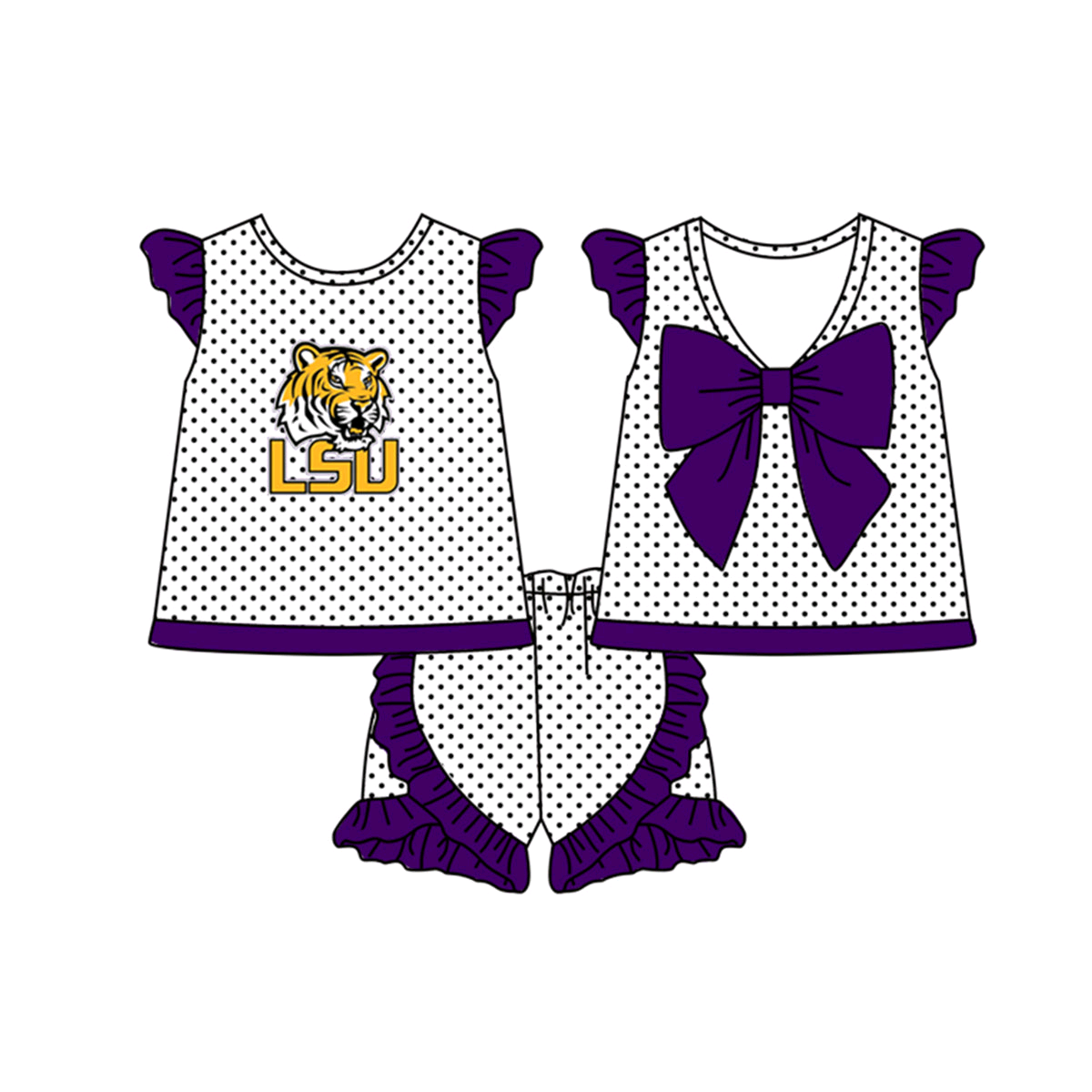 Baby Girl Tiger Team Bow Tops Purple Ruffle Shorts Clothes Set