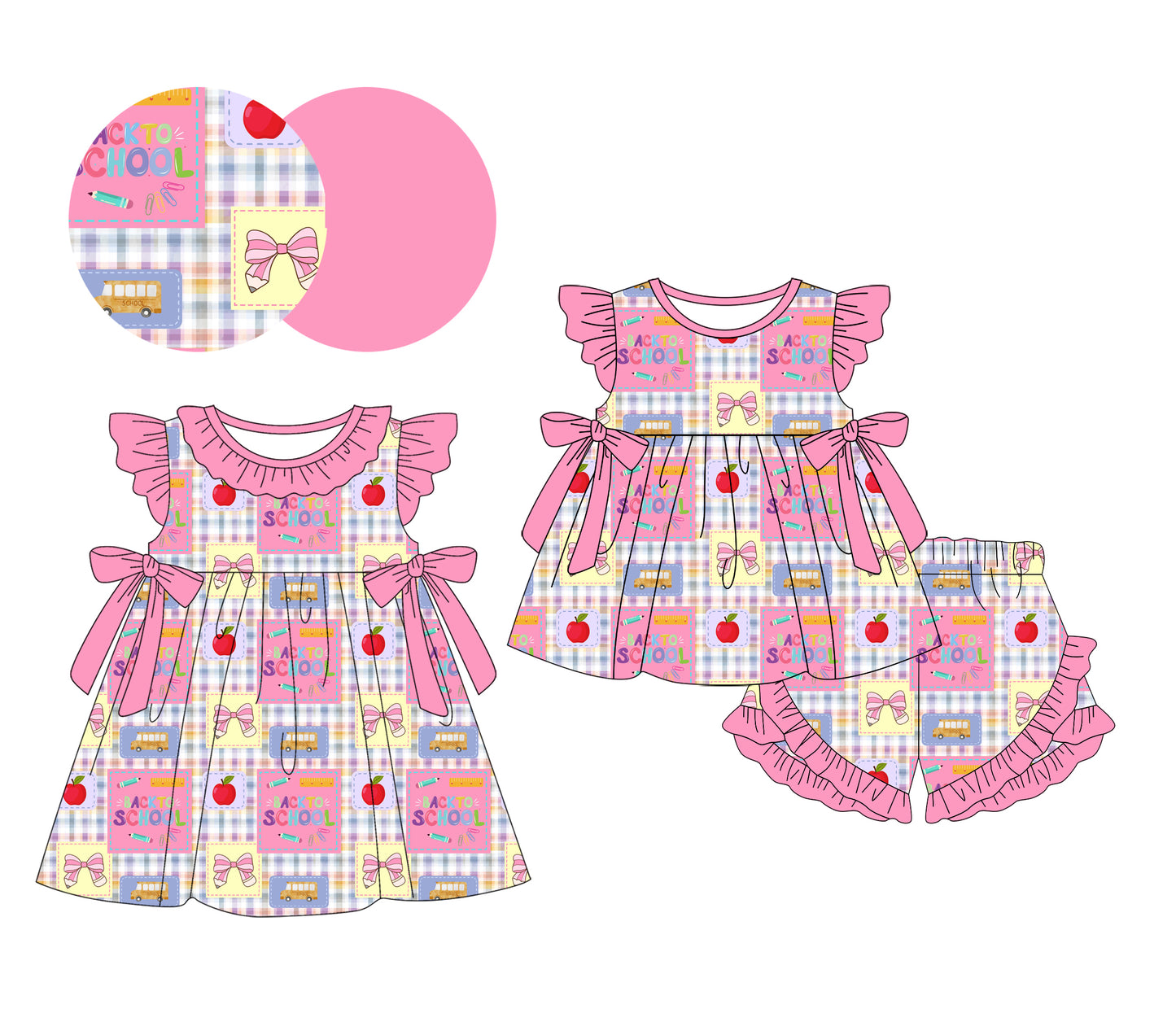 ( Moq 5 Each Style ) Baby Girls Kids Pink Bows Pencil Plaid Sibling Back to School Dress Set