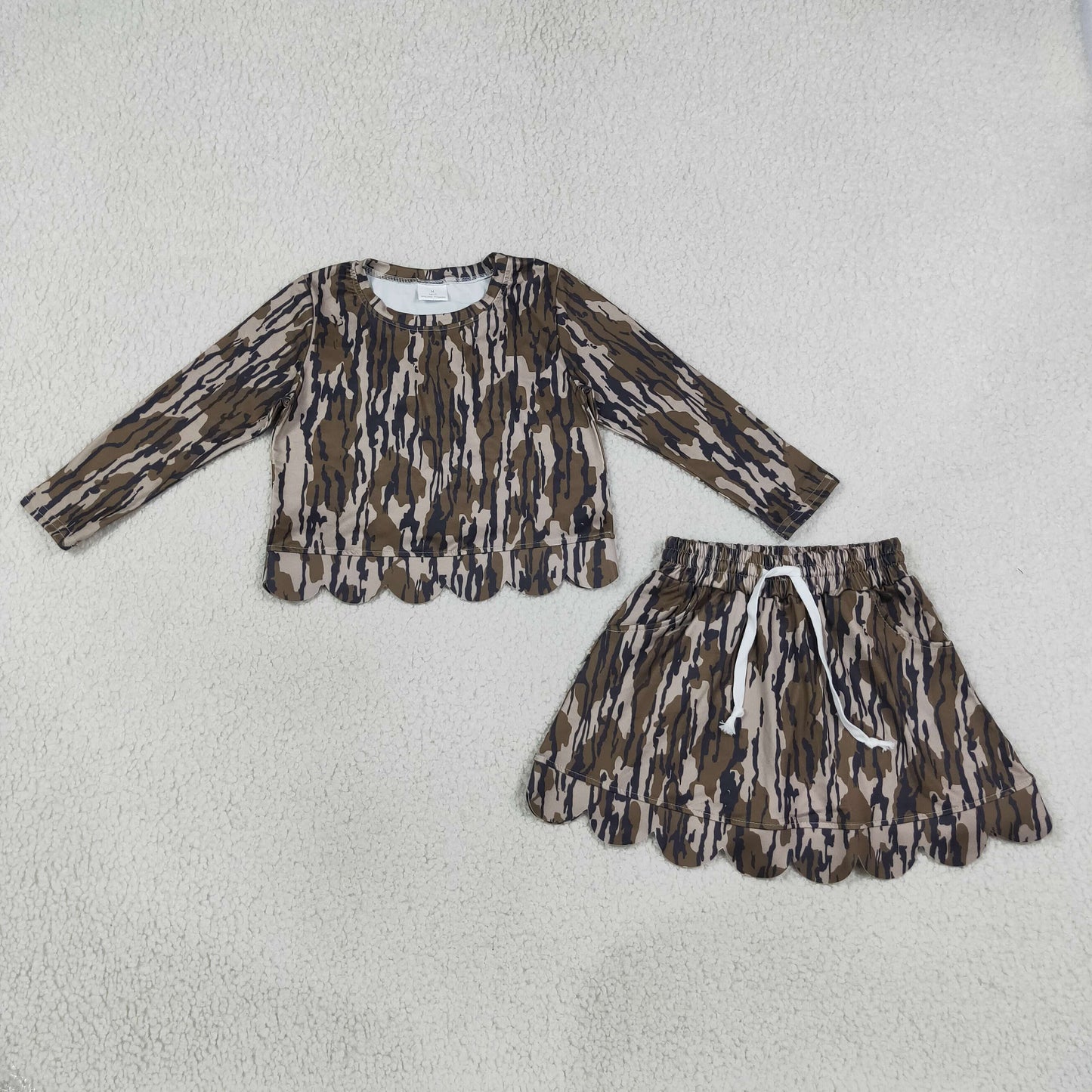 Baby Girls Kids Long Sleeves Shirt Scallop Pockets Skirt Shorts Olive Camo Set Clothes RTS