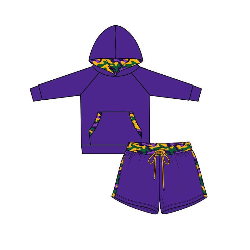 ( Moq 5 ) Preorder Baby Boys Kids Long Sleeves Camo Hoodie Purple Shirt Shorts Mardi Gras Set