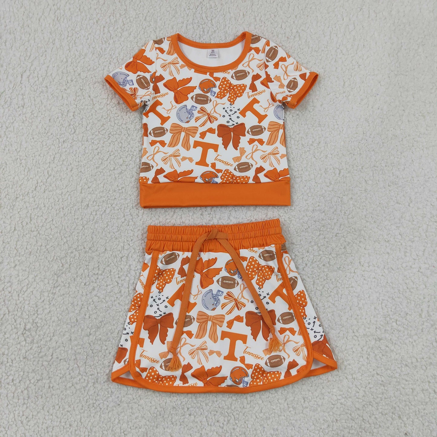 Baby Girls Kids Short Sleeves Orange Bows Shirt Team Skirt Shorts Yoga Set RTS