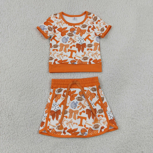 Baby Girls Kids Short Sleeves Orange Bows Shirt Team Skirt Shorts Yoga Set RTS