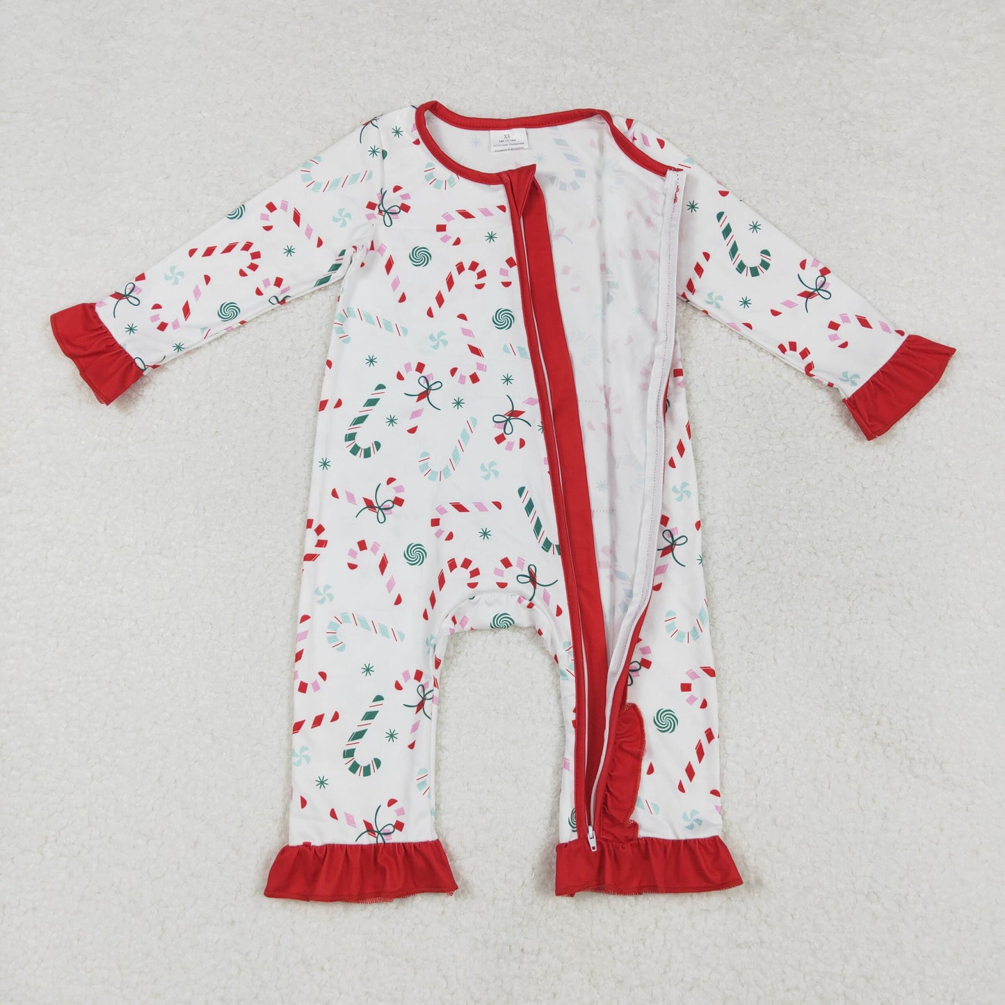 Baby Girl Long Sleeves Christmas Candy Cane Zipper Christmas Romper