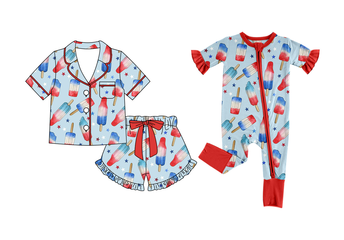 ( Moq 5 Each Style ) Baby Girls Kids Toddler Popsicles Sibling 4th of July Zipper Romper Pajamas Set