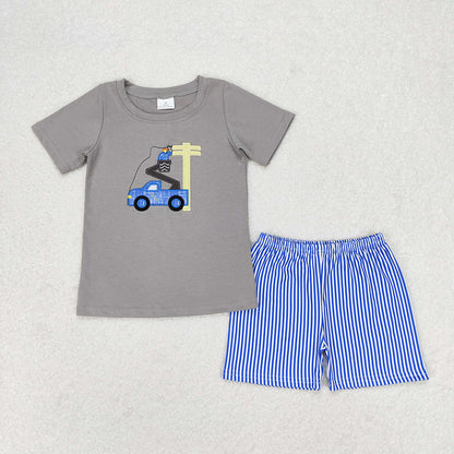 Baby Boy Embroidery Construction Line Man Sibling Romper Set