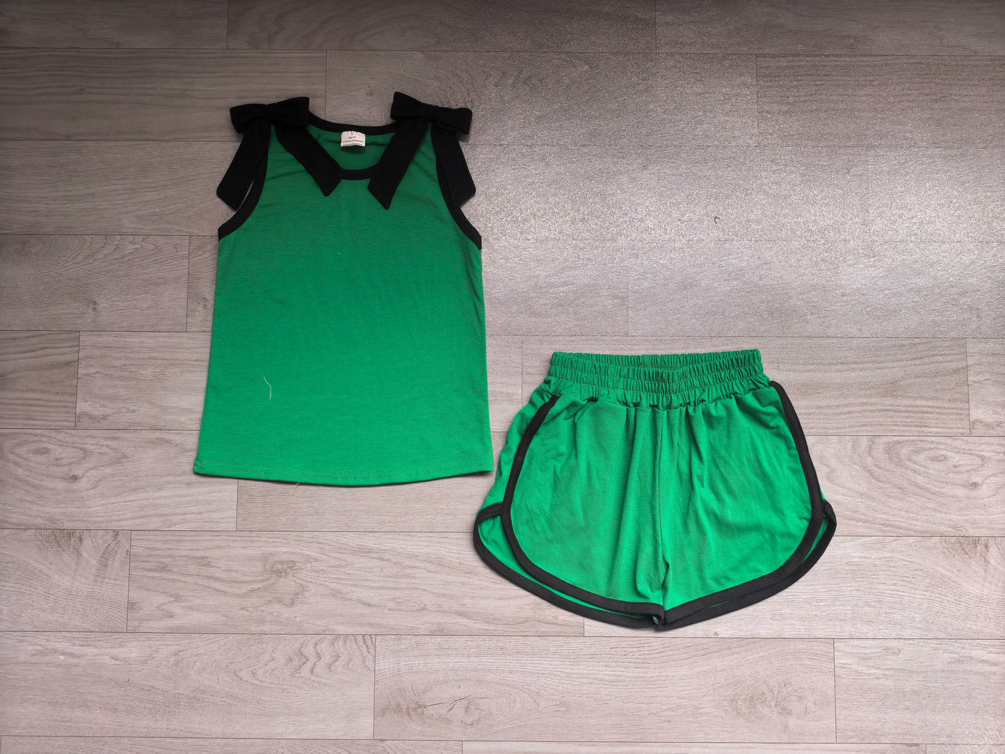 ( No moq ) Preorder Baby Girls Kids Black Bows Shirt Shorts Green Set Summer Clothes