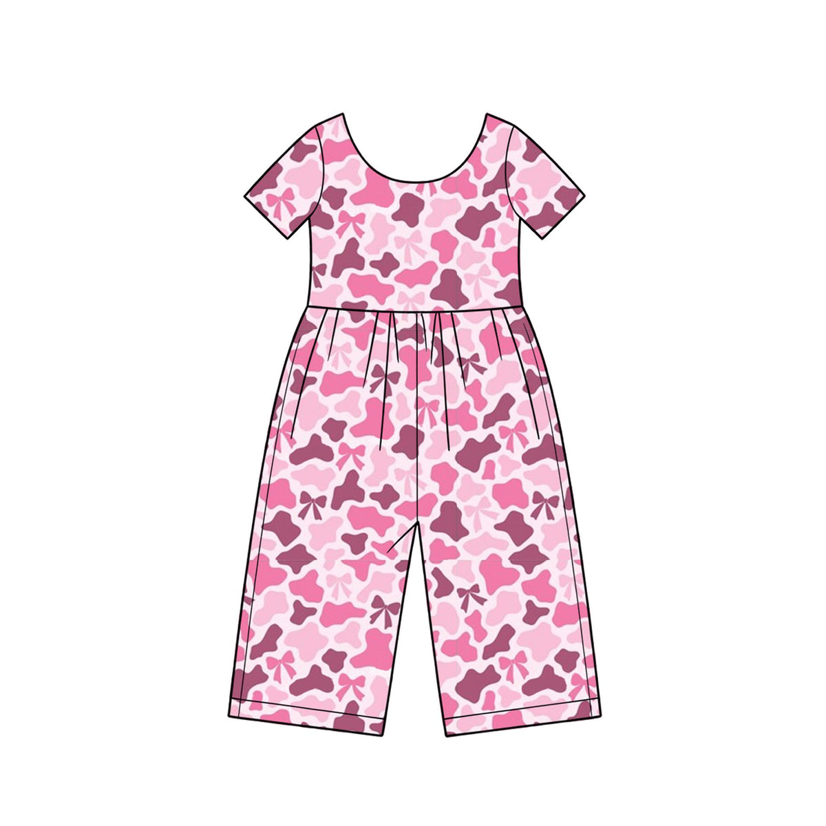( Moq 5 ) Preorder Baby Girl Kids Short Sleeves Bows Pants Camo Jumpsuit Pink Clothes