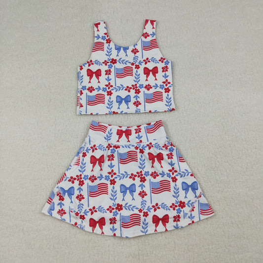 Baby Girls Flags Bows Flowers Tops Skirt Shorts 4th of July Set Yoga Clothes RTS