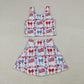 Sibling Baby Girls Kids Sleeveless Flags Bows Flower Shorts Dress Sets 4th of July Clothes RTS