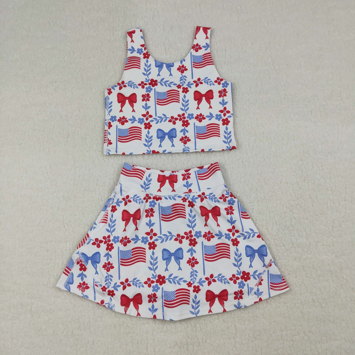 Sibling Baby Girls Kids Sleeveless Flags Bows Flower Shorts Dress Sets 4th of July Clothes RTS