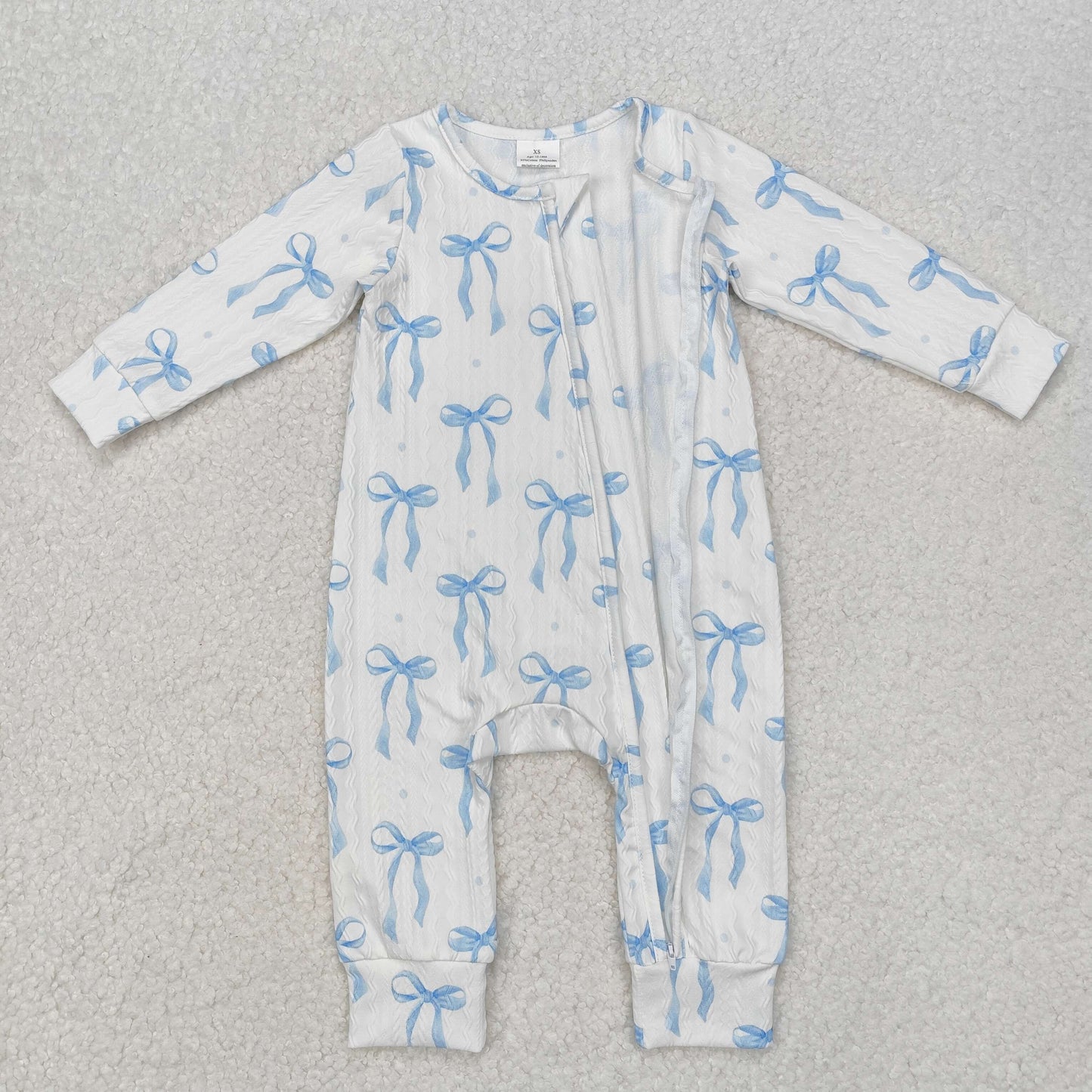 Baby Girl Infant Long Sleeves Blue Bows Zipper Romper