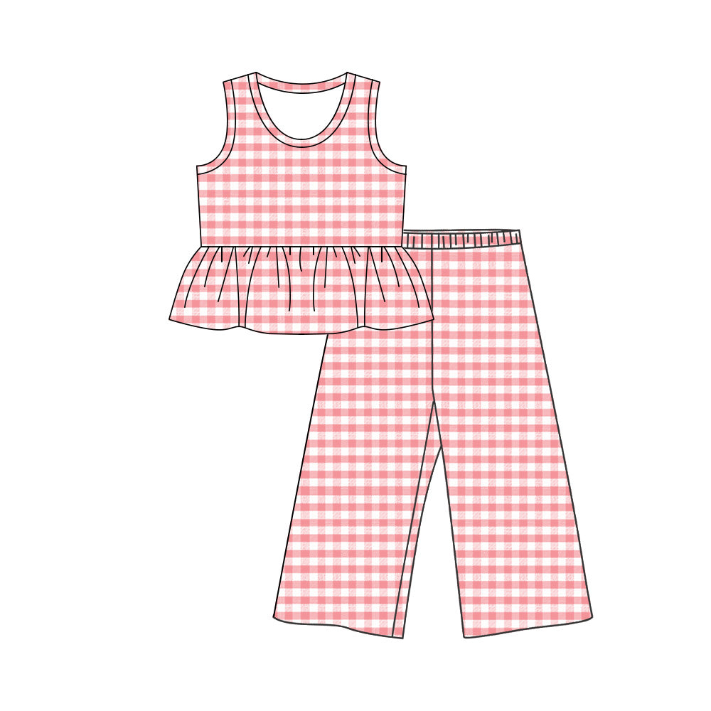 ( Moq 5 ) Preorder Baby Girls Kids Sleeveless Pink Plaid Ruffle Tops Pants Set Clothes