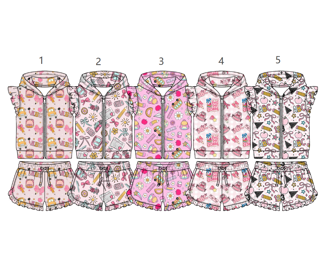 ( Moq 5 Each Style ) Sibling Baby Girls Kids Back to School Bows Zipper Hoodie Tops Shorts Sets Clothes