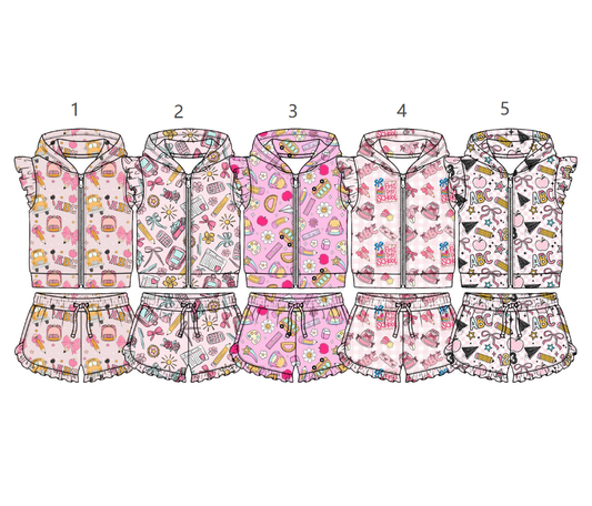 ( Moq 5 Each Style ) Sibling Baby Girls Kids Back to School Bows Zipper Hoodie Tops Shorts Sets Clothes