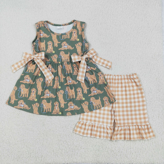 Baby Girl Toddler Dogs Bows Tunic Plaid Ruffle Shorts Set RTS