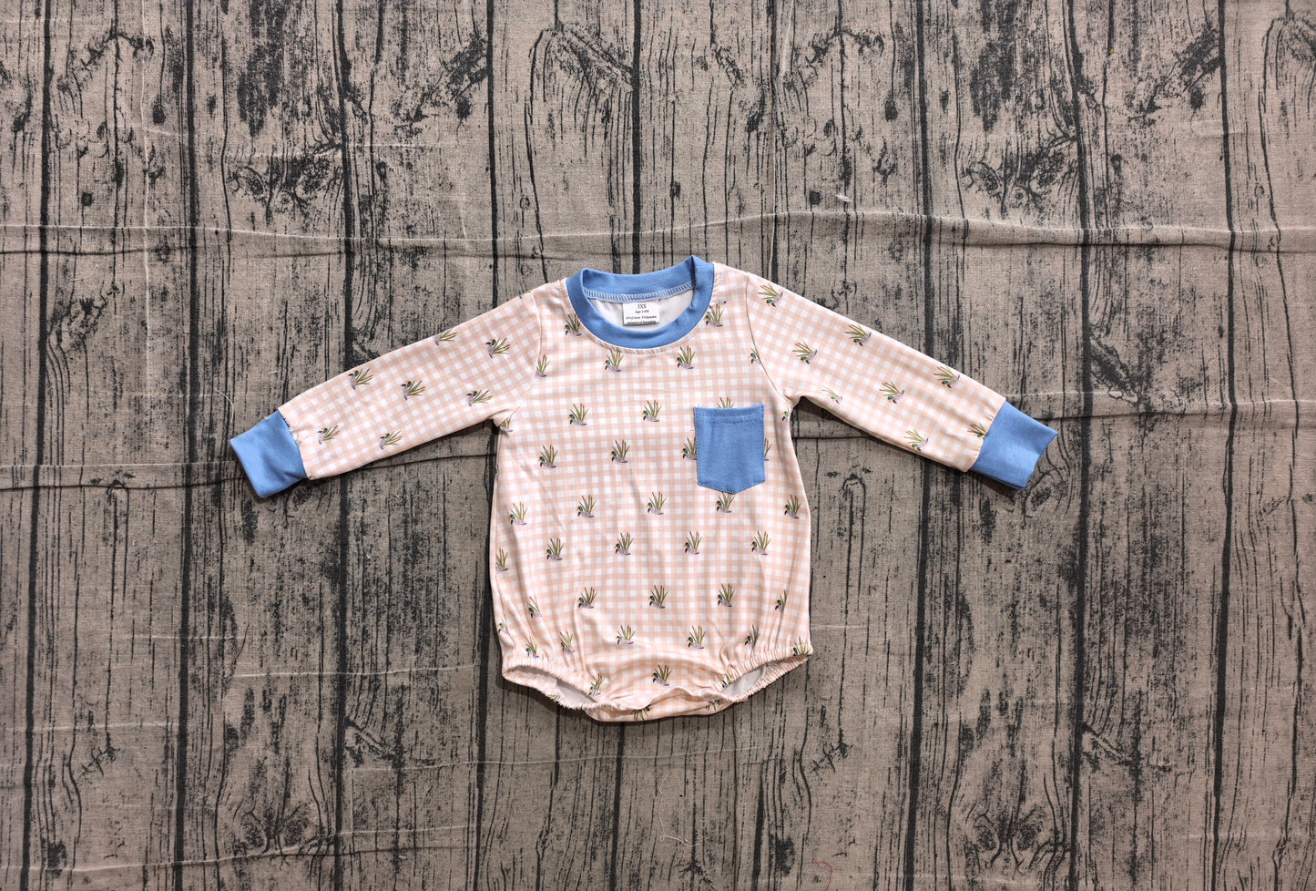 ( No moq ) Preorder Baby Boys Infant Long Sleeves Ducks Plaid Pocket Romper Clothes