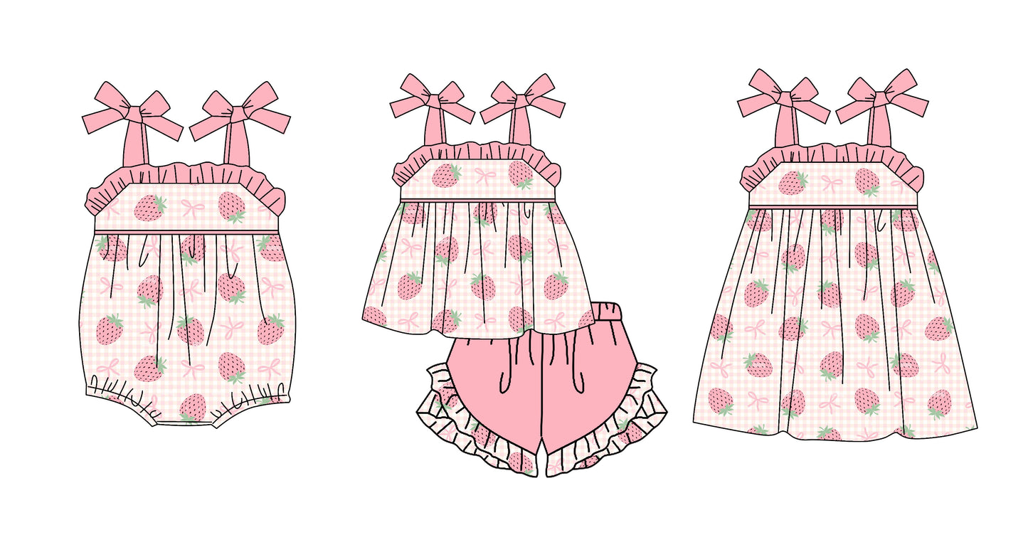 ( Moq 5 Each Style ) Sibling Baby Girls Kids Bows Strawberry Romper Dress Set Summer Clothes