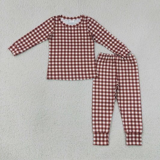 Baby Boys Kids Long Sleeves Brown Plaid Shirt Pants Set Pajamas Clothes RTS