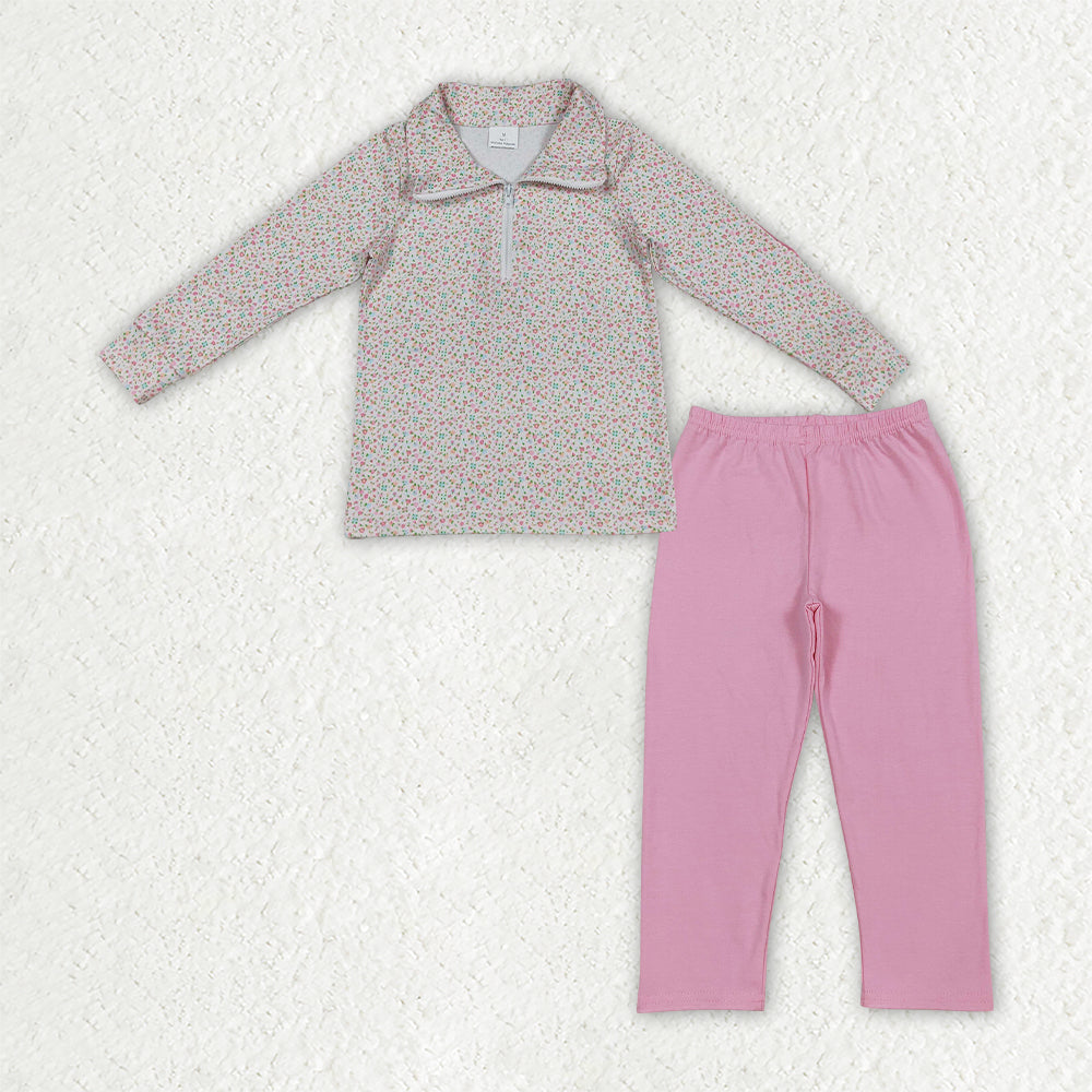 Baby Girls Kids Long Sleeves Floral Zipper Shirt Pink Pants Set Clothes RTS