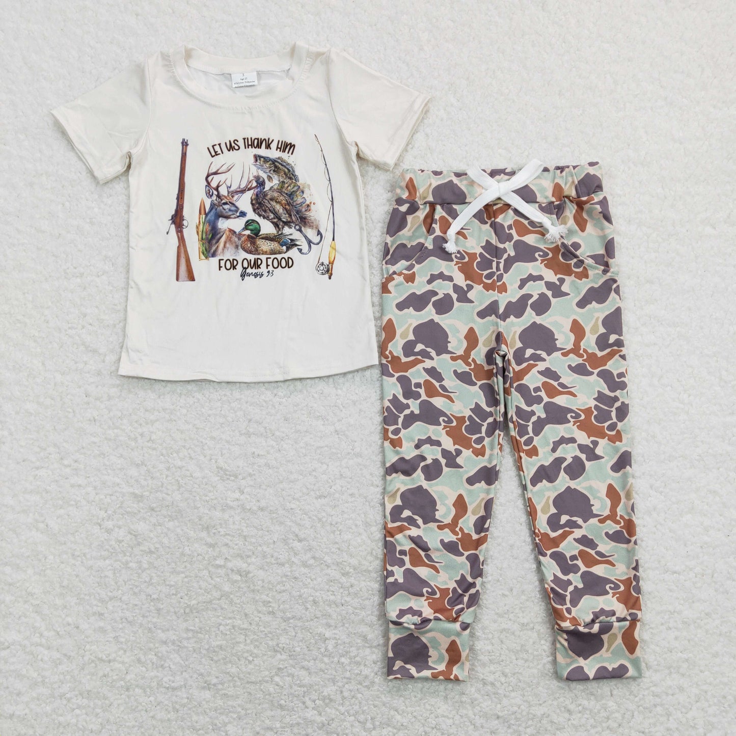 Baby Boy Short Sleeves Fish Duck Deer Shirt Camo Pocket Pants Set