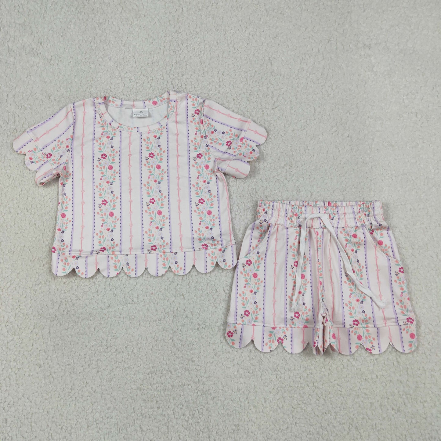 Baby Girls Kids Short Sleeves Floral Pink Shirt Scallop Shorts Summer Set RTS
