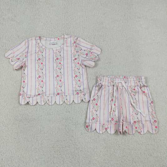 Baby Girls Kids Short Sleeves Floral Pink Shirt Scallop Shorts Summer Set RTS
