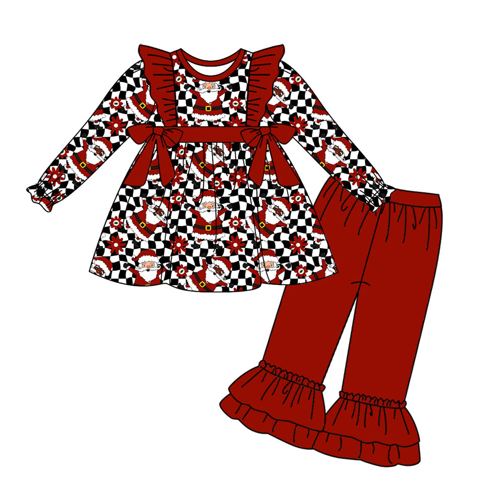 Baby Girl Christmas Santa Bows Tunic Ruffle Pants Clothes Set