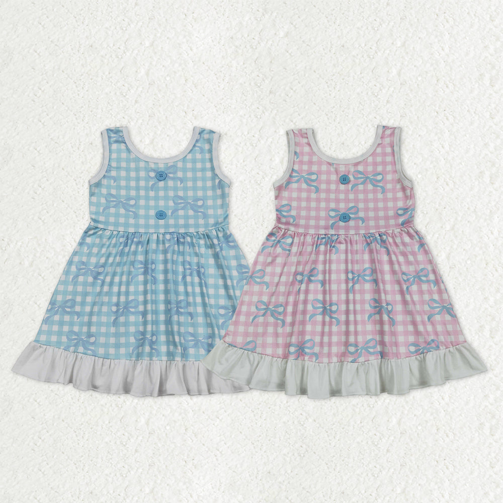 Sibling Baby Girls Kids Sleeveless Bows Plaid Buttons Ruffle Knee Length Dress RTS