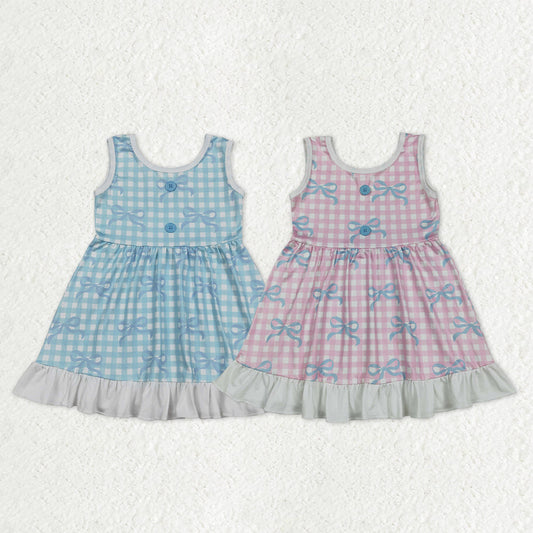 Sibling Baby Girls Kids Sleeveless Bows Plaid Buttons Ruffle Knee Length Dress RTS