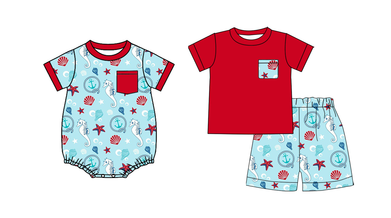 ( Moq 5 Each Style ) Sibling Baby Boys Kids Short Sleeves Shirt Shorts Pocket Set Romper