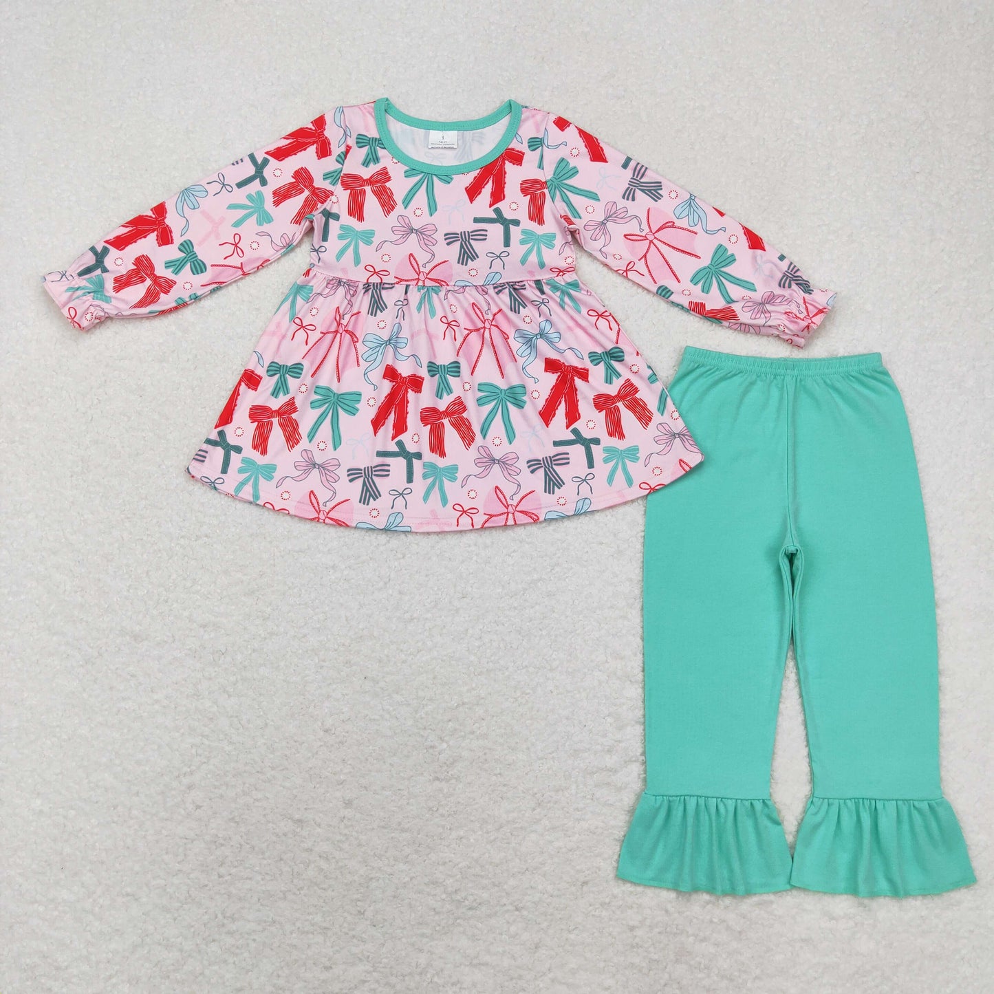 Baby Girl Christmas Colorful Bows Tunic Green Cotton Pants Set