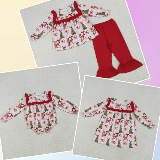 Baby Girl Long Sleeves Christmas Santa Tree Bows Plaid Sibling Romper Dress Set RTS