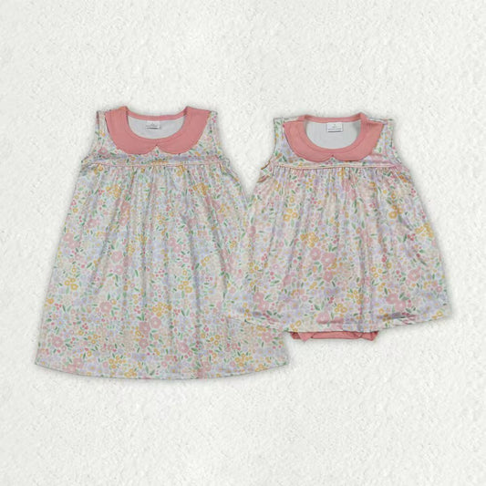Sibling Baby Girls Kids Sleeveless Flower Romper Knee Length Dress RTS
