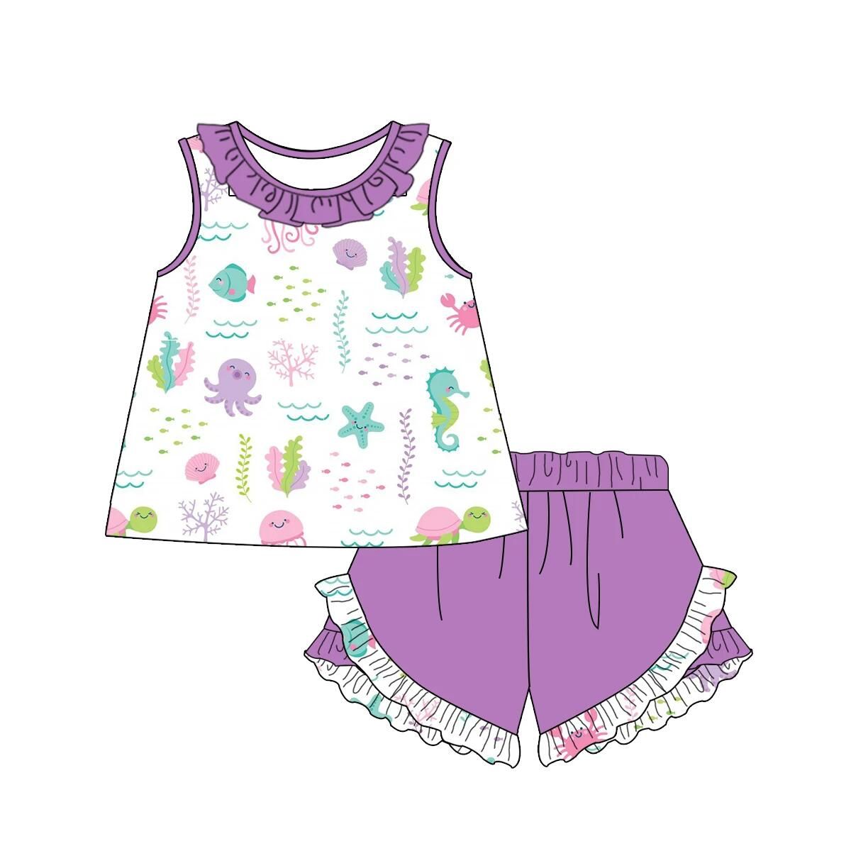 Moq 3 Pre-order  GSSO0467 Baby Girl Sleeveless Tops Purple Shorts Set