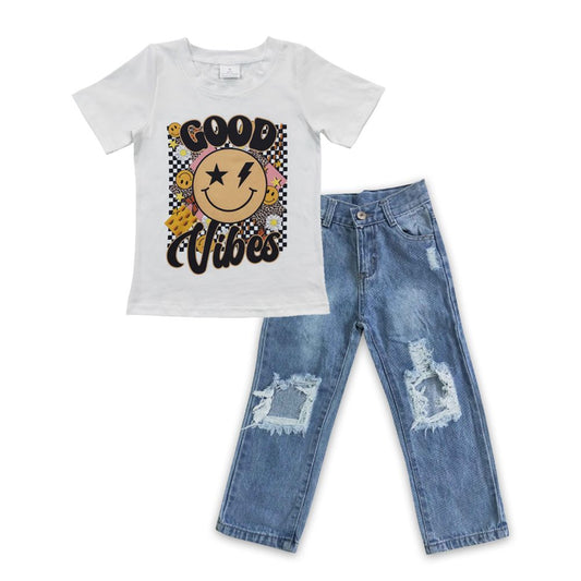 Baby Boy Short Sleeves Good Vibes Shirt Denim Pants Outfit