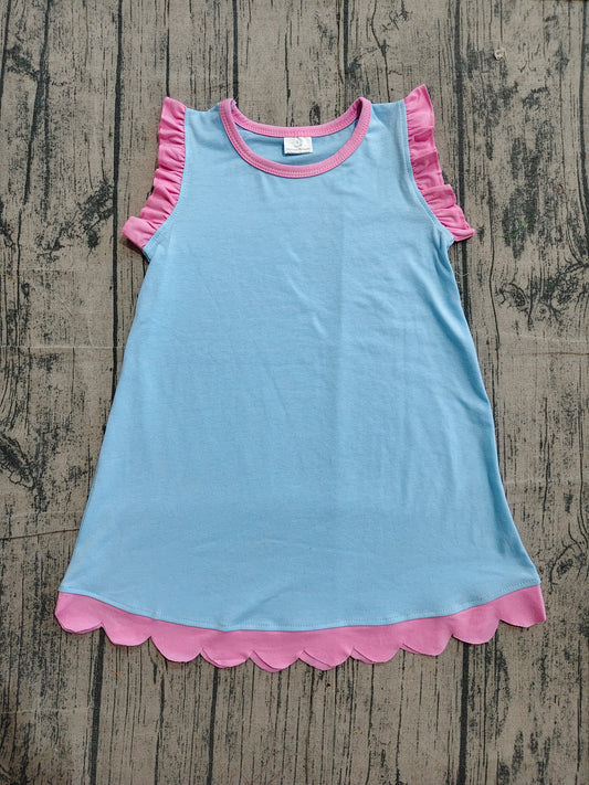 ( No moq ) Preorder Baby Girls Kids Sleeveless Pink Scallop Knee Length Blue Dress Clothes