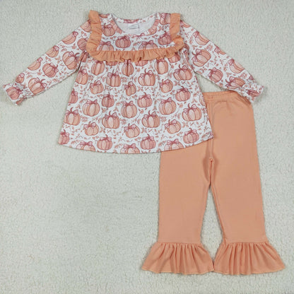 Baby Girl Long Sleeves Bows Pumpkins Sibling Orange Ruffle Fall Romper Set RTS