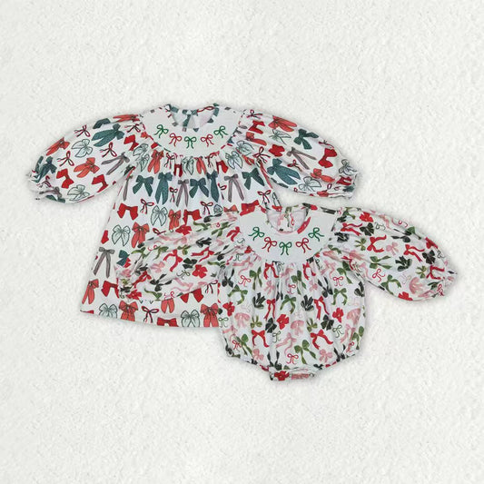 Girls Kids Green Red Bows Christmas Smocked Embroidery Sibling Dress Romper Clothes RTS