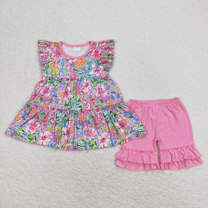 Baby Girl Flower Sibling Pink Romper Summer Set