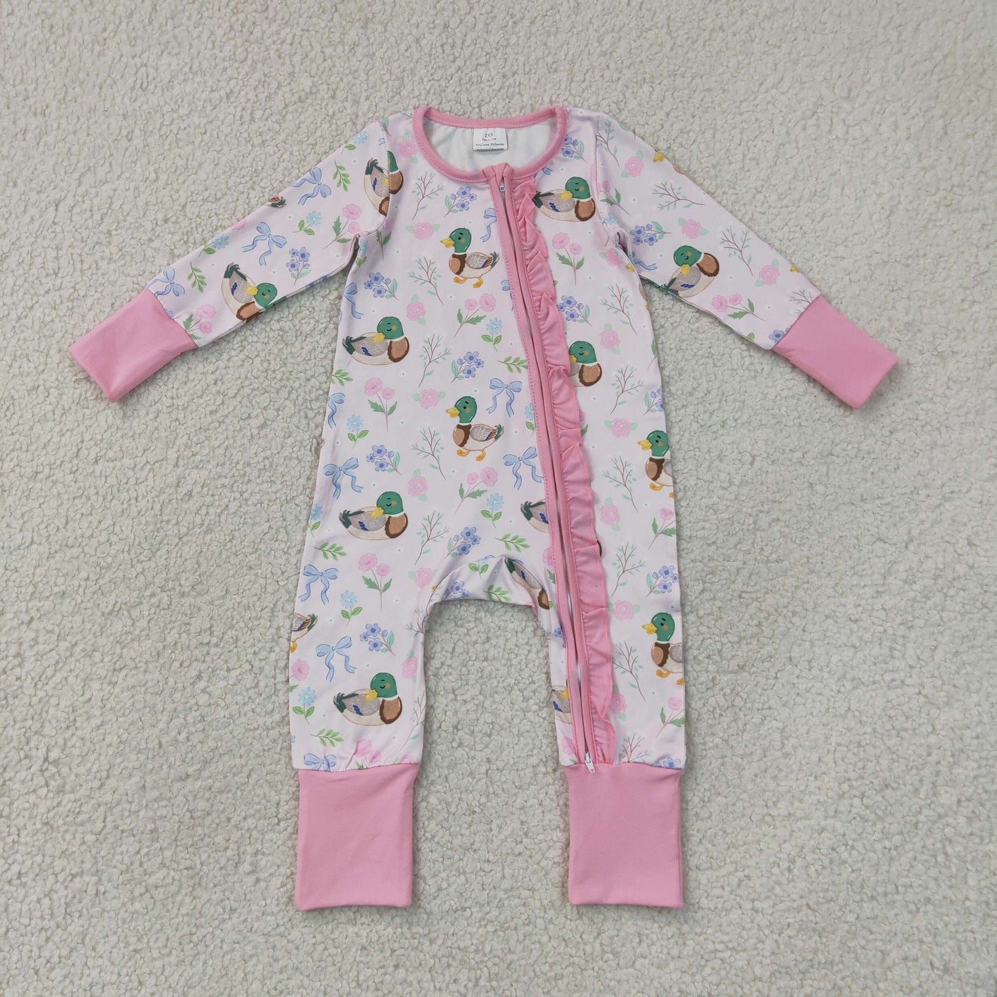 Baby Girls Kids Ducks Flower Bows Pink Ruffle Zipper Footie Sleeper Romper RTS