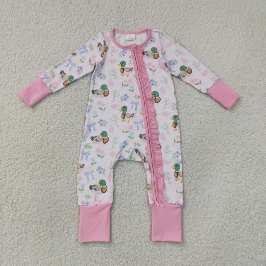 Baby Girls Kids Ducks Flower Bows Pink Ruffle Zipper Footie Sleeper Romper RTS