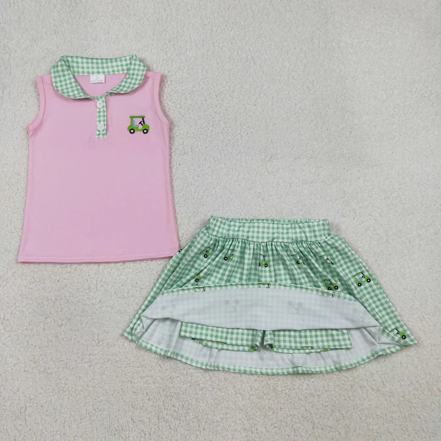 Sibling Baby Boys Girls Kids Embroidery Golf Tops Plaid Bottoms Summer Clothes Sets RTS