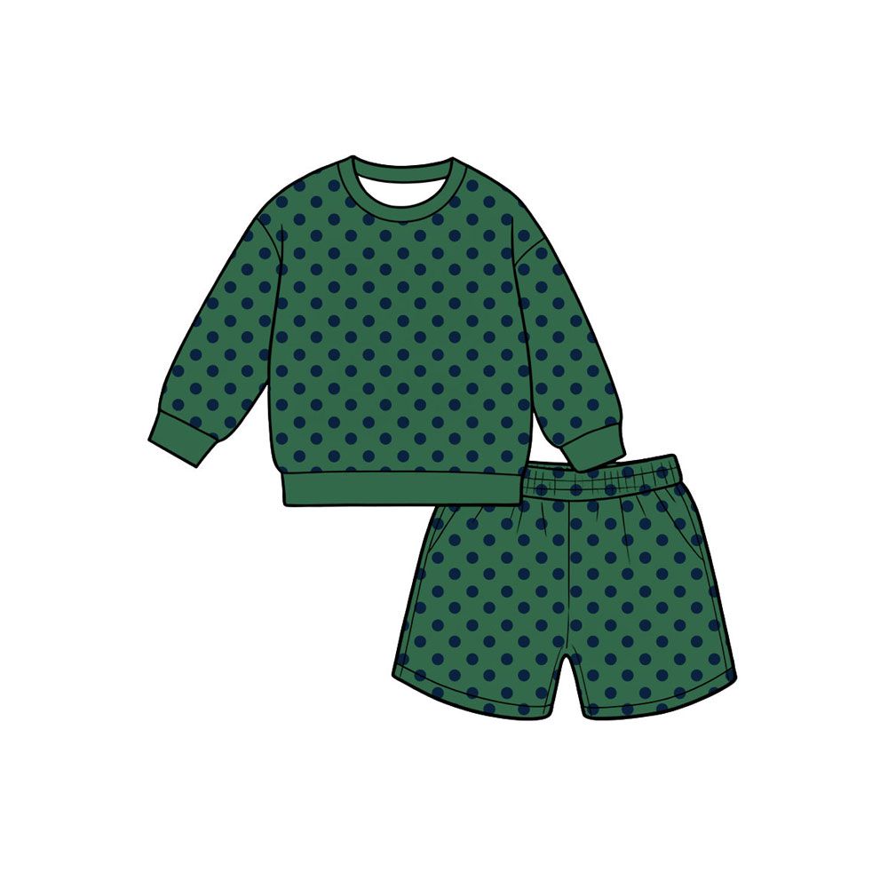 ( Moq 5 ) Preorder Baby Girls Kids Green Long Sleeves Navy Dots Shirt Pockets Shorts Set Clothes