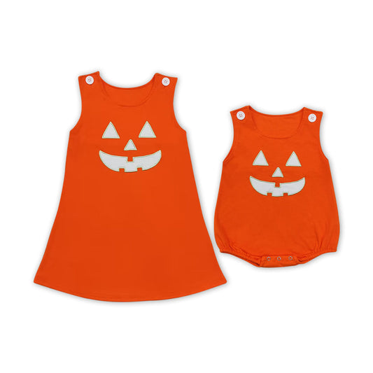 Baby Girl Halloween Embroidery Sibling Orange Dress Romper