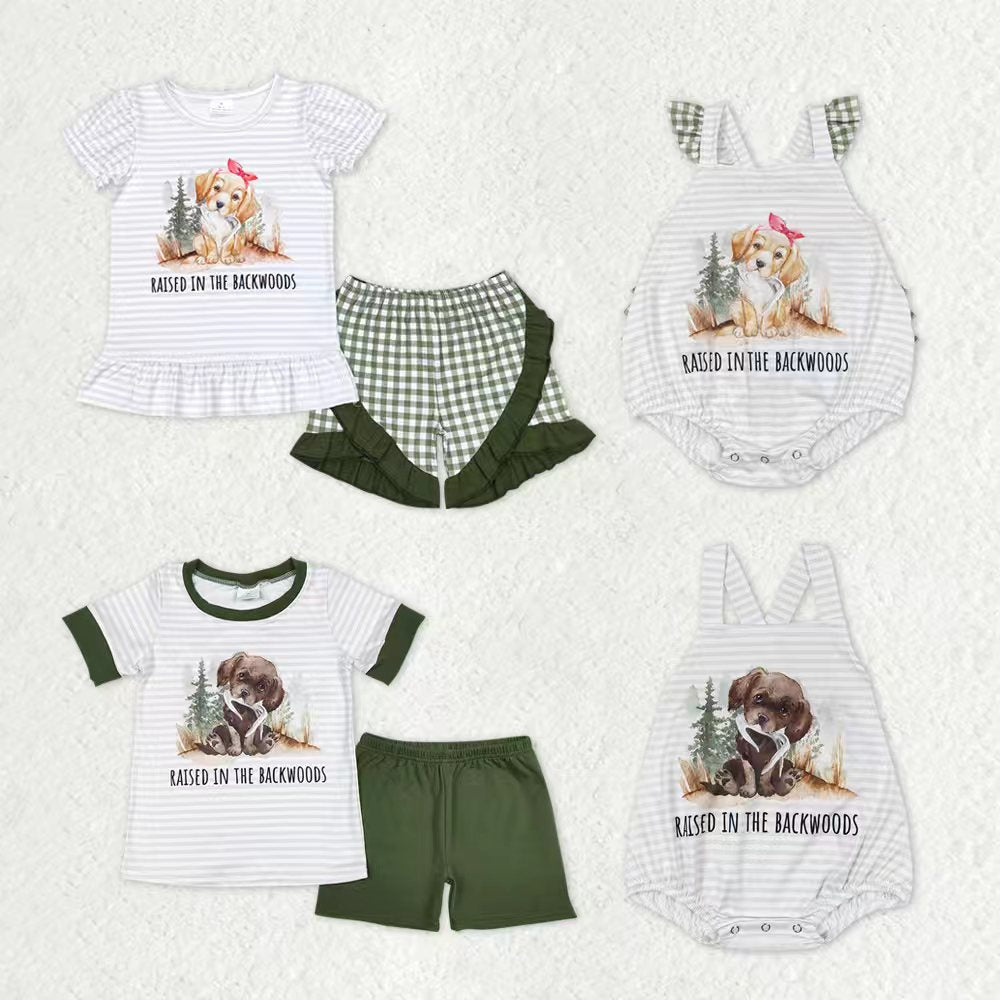 Sibling Baby Boys Girls Toddler Dogs Bubble Rompers Sets Hunting Clothes RTS