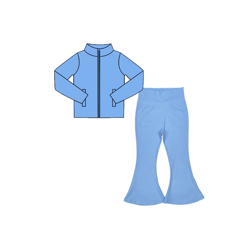 ( Moq 5 ) Preorder Baby Girls Kids Pockets Zipper Cardigan Tops Pants Blue Set Yoga Active Clothes