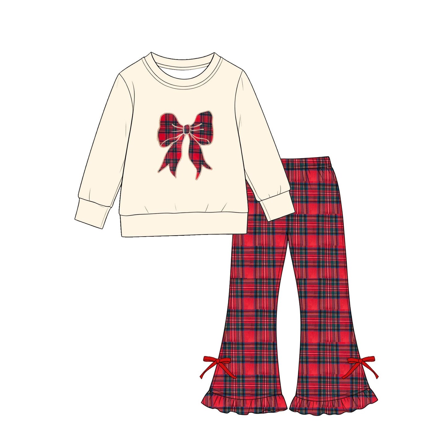 ( Moq 5 ) Preorder Baby Girls Kids Long Sleeves Christmas Bows Tunic Plaid Pants Set Clothes