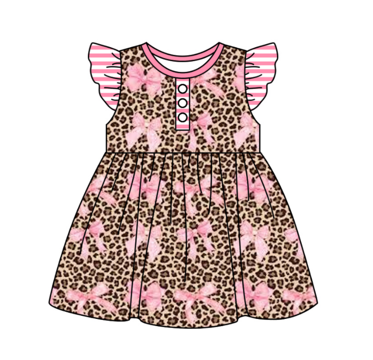 Baby Girl Short Sleeves Bows Leopard Sibling Romper Dress Clothes Set ( Moq 5 Each Design )