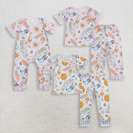 Sibling Baby Boys Girls Short Sleeves Dogs Flower Eggs Carrots Trucks Easter Romper Pajamas Sets RTS