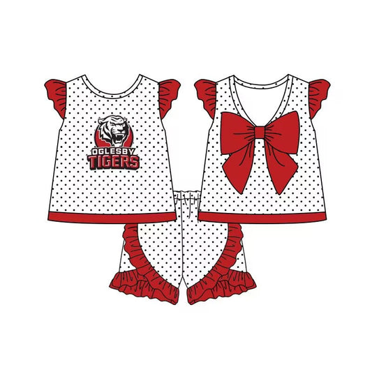 baby girl short sleeves bow tops red ruffle shorts team set